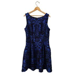 Siouni & Zar Sleeveless Size 14 Blue & Black Floral Velvet Dress With Pockets